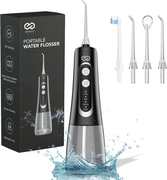 Infinity Goods Waterflosser - Monddouche - Elektrisch Flosapparaat - Draadloos En Oplaadbaar - 5 Opzetstukken - Zwart