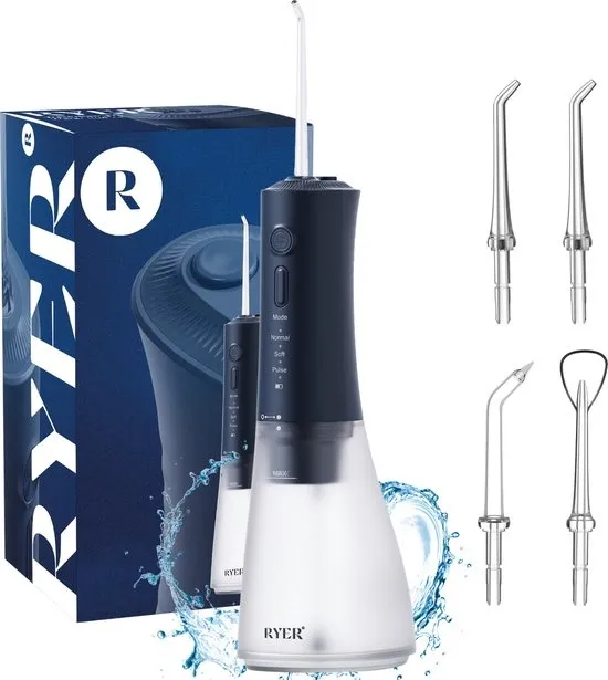 RYER Waterflosser - Draadloos - IPX7 - 320 ml Tank - 3 Standen (Normaal/Zacht/Pulse) - 4 360° Opzetstukken - 2-min Timer & Geheugenfuncties