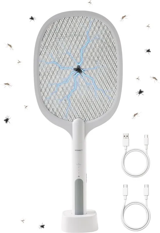Wonact 2-in-1 Elektrische Vliegenmepper en Muggenlamp – 3000 Volt – Tegen Vliegen, Muggen, Fruitvliegjes, Motten en Meer – Met Oplaaddock en UV-Licht – Geurloos Alternatief voor Spray en Muggennet