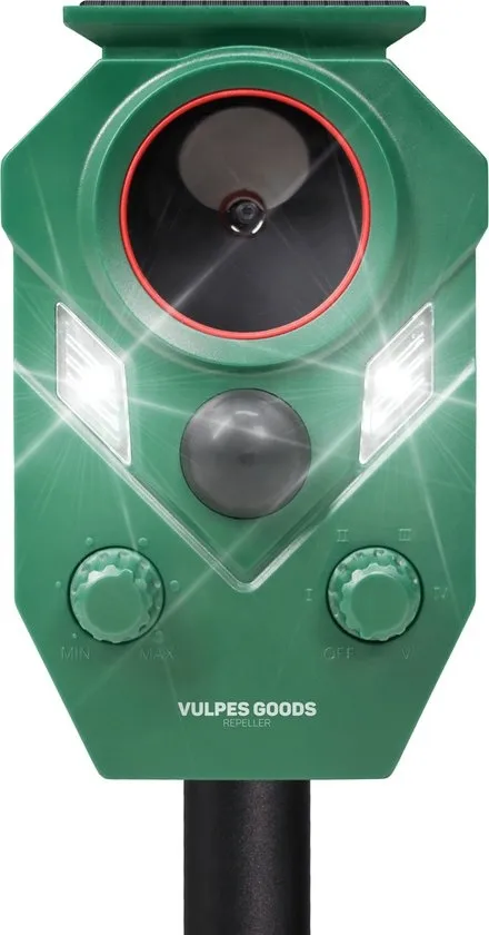 Vulpes Goods® Verjager - Ultrasone Kattenverjager op zonneenergie - Kattenschrik - Marterverjager - Dierenverjager - Waterdicht IP65 - Bewegingssensor, LED flitslichten & 5 Standen - Afweermiddel voor Ongedierte - Premium Versie