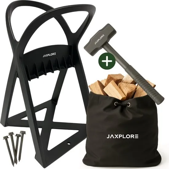 Jaxplore Houtklover XL - 3-Delige Haardset - Inclusief Hamer en Opbergtas - Houtsplijter - Houtkliever - Zwart