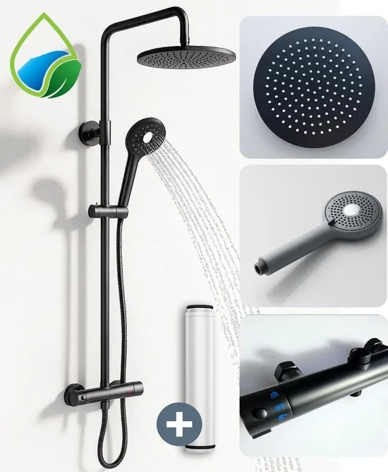 VITASENSE® Regendouche set met filter – Grote Douchekop 120mm – 6 Sproeistanden - Douchekraan met Thermostaatkraan – Doucheset zwart