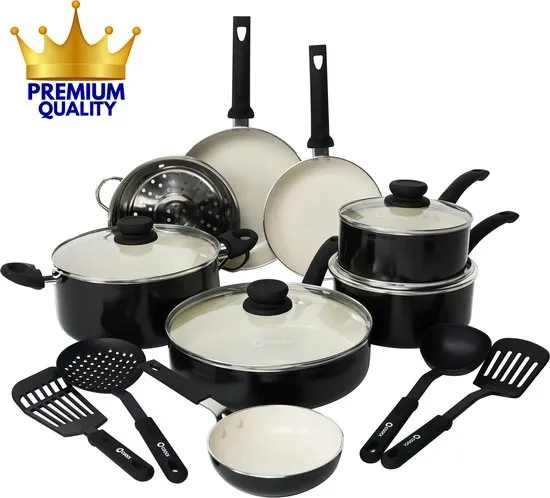COOCK 22-Delige Pannenset Inductie - Speciale Anti-Aanbak Coating - Ergonomische Koudgrepen - Gerecycled Aluminium - koekenpannenset - kookpottenset - Zwart/Wit - Inclusief Onderzetters en E-book