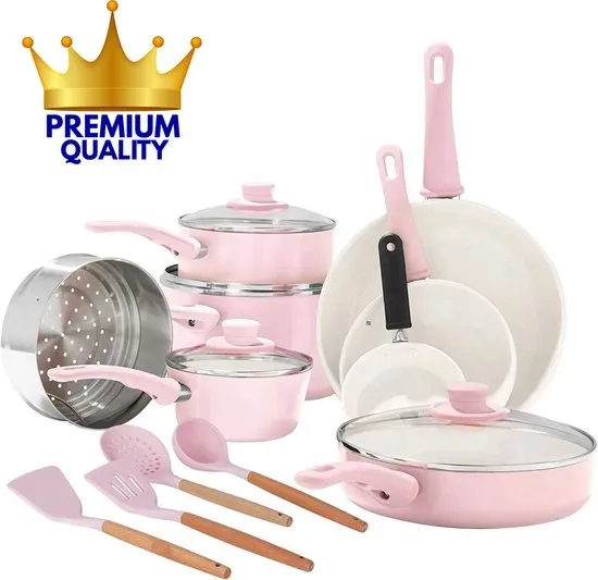 COOCK 22-Delige Pannenset - Speciale Anti-Aanbak Coating - Ergonomische Koudgrepen - Gerecycled Aluminium - koekenpannenset - kookpottenset - Roze - Inclusief Onderzetters en E-book
