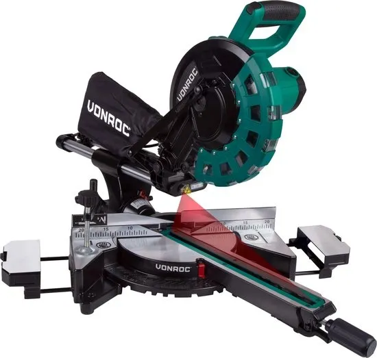 VONROC Afkortzaag- kapzaag - verstekzaag – 2200W – Ø254MM – 4500 r/min - Verstelbare tafelverbreders – Zaagcapaciteit 340mm - Trekfunctie – Lengtestop – Kantelbaar (0-45°) - Incl. 60 tands zaagblad, werkstukklem, lasergeleiding & LED werkverlichting