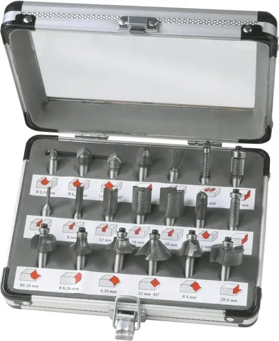 FERM - PRA1008 - Bovenfrezenset - 20stuks - in - aluminium koffer - C2 - Hardmetaal - Frezen - 8mm - schacht - Duurzaam - Universeel - Zeer geschikt voor - FERM bovenfrees - PRM1015 - PRM1021 - Frezenset - Houtfrezenset - Freesset 8mm - Bovenfreesset