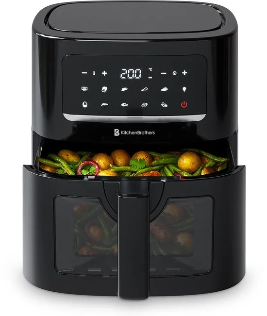 KitchenBrothers Airfryer XL - PFAS-Vrij - 1600W - 6L - Heteluchtfriteuse - 50ºC tot 200ºC - Met kijkvenster - 10 Kookprogramma's - Zwart