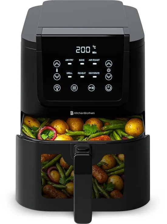 KitchenBrothers Airfryer XL - 1500W - PFAS-Vrij - 5L - Heteluchtfriteuse - 60ºC tot 200ºC - Met kijkvenster - Compact design - Extra stil - 6 Kookprogramma's - Zwart