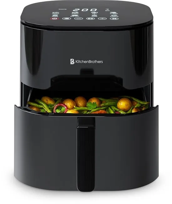 KitchenBrothers Airfryer XL - 5L - 2000W - PFAS-Vrij - Heteluchtfriteuse - Dual Heating - 80ºC tot 200ºC - 8 Kookprogramma's - Zwart