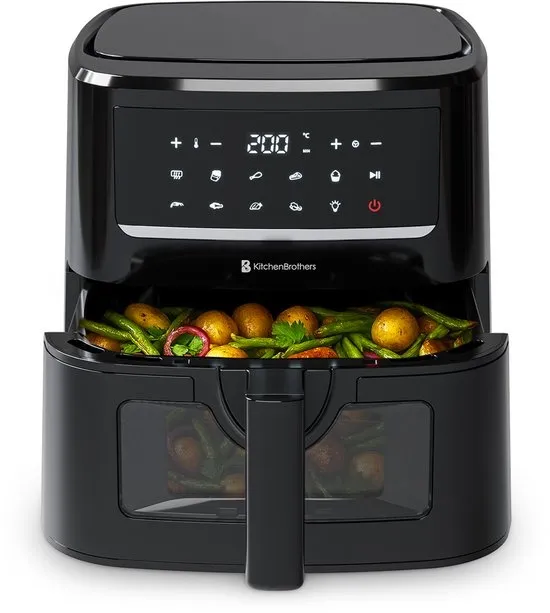 KitchenBrothers Airfryer XXL - PFAS-Vrij - 1800W - 7.5L - Heteluchtfriteuse - Dual Heating - 50ºC tot 200ºC - 10 Kookprogramma's - Zwart