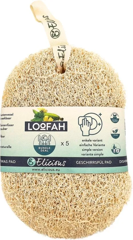 Elicious® - Loofah - Afwas Pad - Enkele Variant - Set van 5 - 100% Natuurlijk - Plantaardig - Biologisch Afbreekbaar - Afwasspons - Keukenspons - Natuurspons - Schuurspons - Plasticvrij - Duurzaam - Dierproefvrij - Vegan - Herbruikbaar