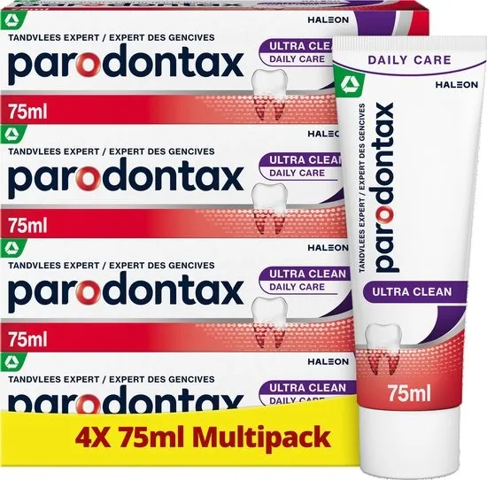 Parodontax Ultra Clean - Tandpasta - Helpt Bloedend Tandvlees Herstellen en Voorkomen - Verwijdert 4x Meer Tandplak dan Normale Tandpasta - Voor Gezond Tandvlees - Bevat Fluoride – Voor Glad Voelende Tanden - Frisse Smaak - Voordeelverpakking 4x 75ml