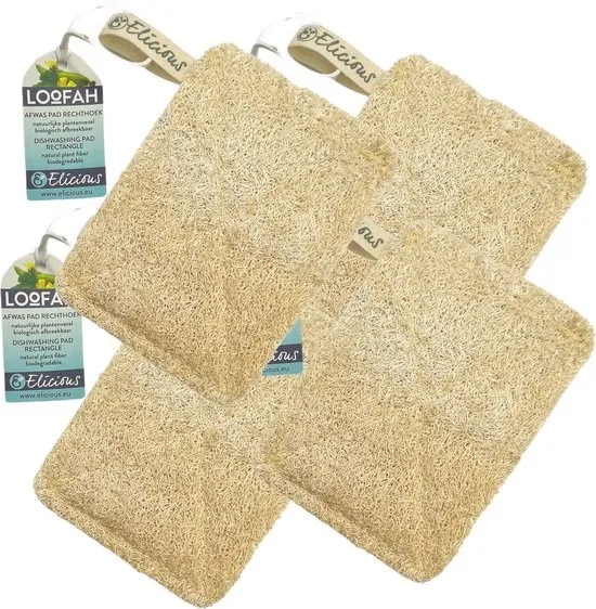Elicious® - Loofah - Afwas Pad - Rechthoek - Set van 4 - 100% Natuurlijk - Plantaardig - Biologisch Afbreekbaar - Afwasspons - Keukenspons - Natuurspons - Schuurspons - Plasticvrij - Duurzaam - Dierproefvrij - Vegan - Herbruikbaar