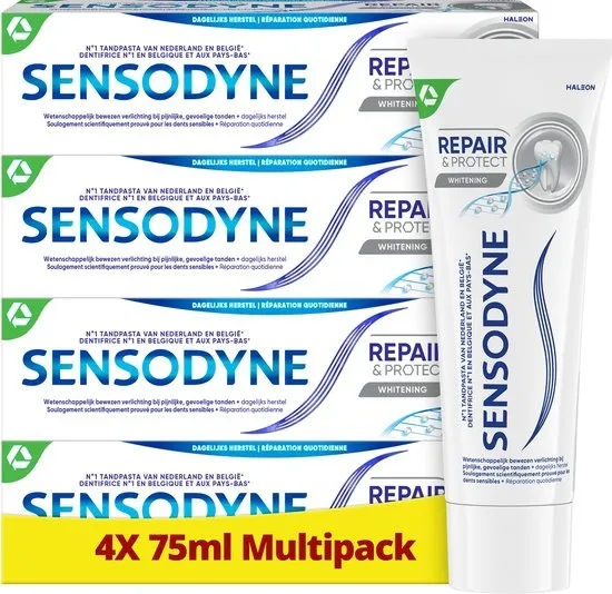 Sensodyne Repair & Protect Whitening - Tandpasta - Gevoelige Tanden – Herstelt gevoelige tanden & Verlicht pijnlijke gevoeligheid - Novamin Formule - Bevat Fluoride - Frisse Smaak - Voordeelverpakking 4 x 75ml