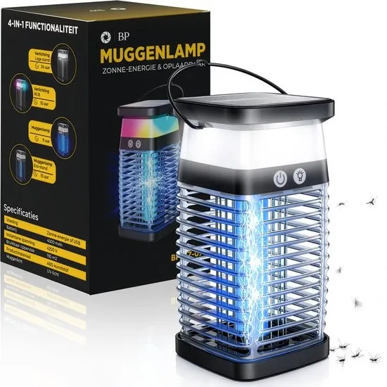 BP® Muggenlamp - Elektrische insectenlamp - Muggenvanger - Elektrische Muggenlamp - Vliegenlamp - 4200 V - Muggenlamp Zonne-energie & Oplaadbaar - Waterdicht - Met Schoonmaakborstel en Opvangbak - UV stand & Nachtlamp