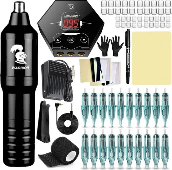 JT Products Professionele Tattoo Machine Set – 170 Delige Tattoo Kit – Incl. Power Supply – Tattoo Pen – Tatoeage Naalden Cartridges 3RL 5RL 5RM 7RM – Oefenhuid – Grip Tape – Tattoo Machines – Transferpapier – Marker - Voor Beginner & Professional