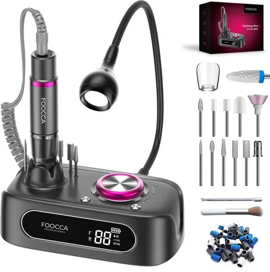 FOOCCA® Elektrische Nagelvijl - Nagelfrees 45000 RPM - Oplaadbaar - Desktop Pro 2 - LED Verlichting - 12 Bitjes + 65 Schuurrolletjes + 2 Accessoires - Nagelstofkap - Manicure en Pedicure Set - Eeltverwijderaar - Kalknagels