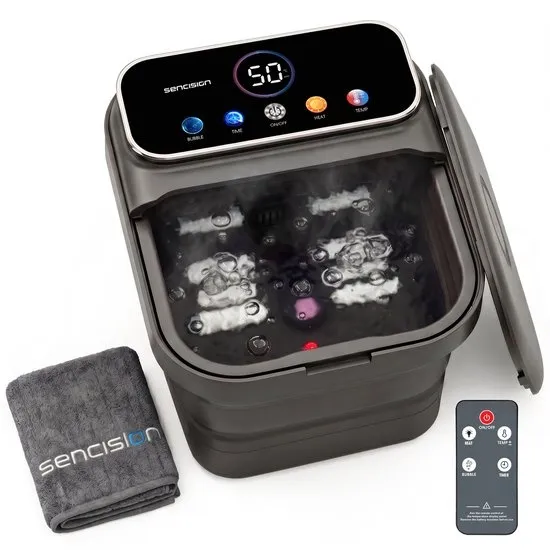 Sencision Voetenbad met Verwarming, Massage en Bubbels - Voetbad Elektrisch met Rollers - Opvouwbaar - Voetenbaden - 35°C tot 48°C - Timer - Afstandsbediening - Zwart