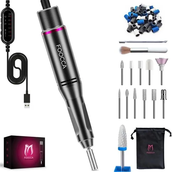 FOOCCA® Elektrische Nagelvijl - Nagelfrees 30000 RPM - Bedraad - Pen Pro - 12 Bitjes + 65 Schuurrolletjes + 3 Accessoires - Manicure en Pedicure Set - Ergonomische Aluminium Behuizing - Eeltverwijderaar - Kalknagels