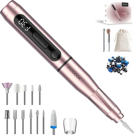 FOOCCA® Draadloze Elektrische Nagelvijl - Nagelfrees 30000 RPM - Oplaadbaar - Wireless Pro - 12 Bitjes + 65 Schuurrolletjes + 3 Accessoires - Nagelstofkap - Manicure en Pedicure Set - Ergonomische Aluminium Behuizing - Eeltverwijderaar - Kalknagel