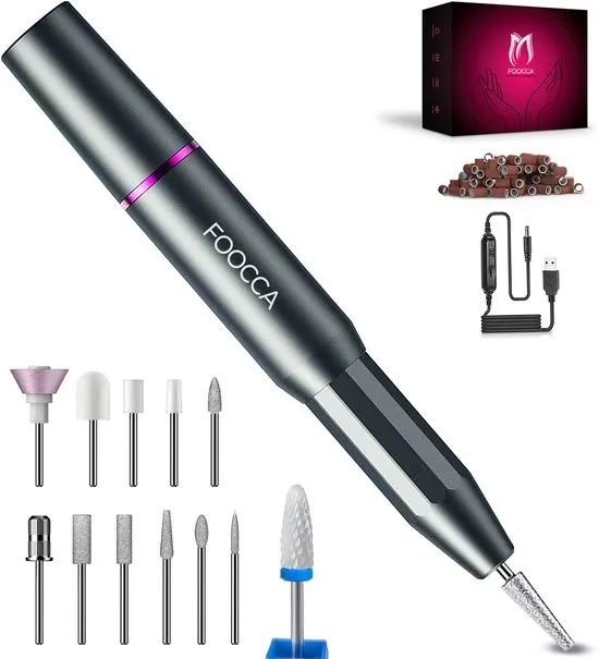 FOOCCA® Elektrische Nagelvijl - Nagelfrees 20000 RPM - Bedraad - FOOCCA Pen - 12 Bitjes + 55 Schuurrolletjes - Manicure en Pedicure Set - Ergonomische Aluminium Behuizing - Eeltverwijderaar - Kalknagels