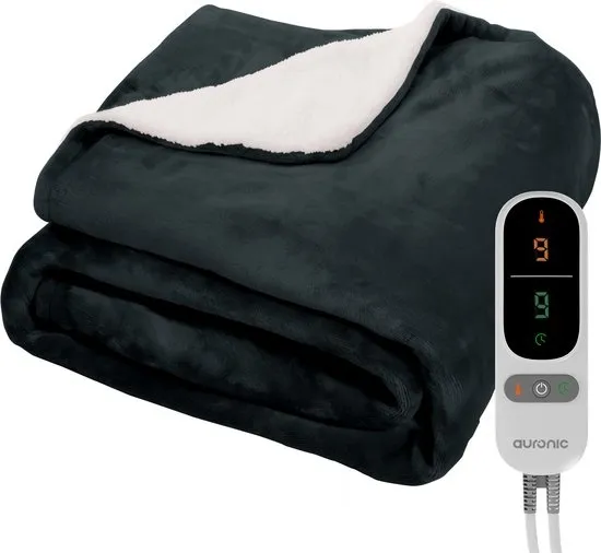 Auronic Elektrische Deken - 180 x 130 cm - 1 Persoons Warmtedeken - 9 Warmte en Timerstanden - Verwarmingsdeken - Sherpa Fleece - Antraciet