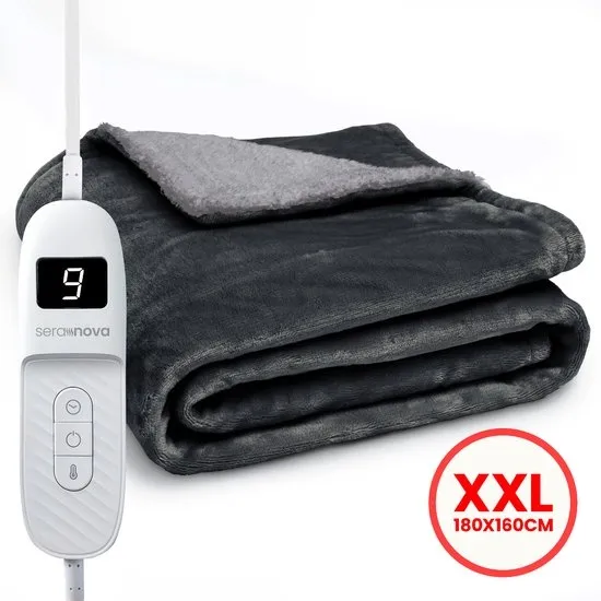 Seranova Elektrische Deken XXL - 180x160 cm - 2 Persoons Bovendeken - Warmtedeken - Dubbelzijdig Fleece Sherpa - Antraciet Grijs