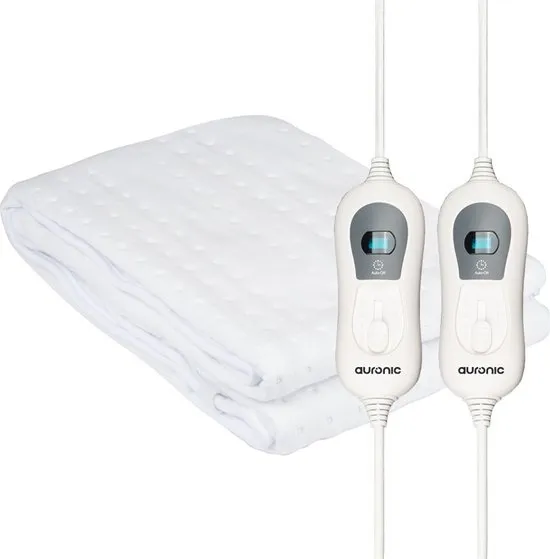 Auronic Elektrische Onderdeken - 160 x 140 cm - 2 Persoons Warmtedeken - 2 Warmtezones en 2 Controllers - met Hoekelastieken - 3 Warmtestanden met Timer - Wit
