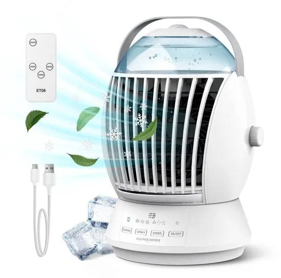 Vulpes Goods® Tech - Mini Airco ELITE - Mobiele Luchtkoeler met Afstandsbediening - Aircooler 6in1 - 3 luchtbevochtigingsstanden met Swingfunctie - 3 windsnelheden - 100% Anti-lek - Incl. kabel & adapter meegeleverd - Thuis & Kantoor