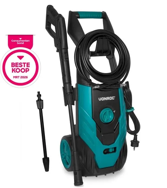 VONROC Hogedrukreiniger V18-1 1800W – 140 bar – 420 l/h – Incl. 8m slang, reinigingsmiddelen tank en meer