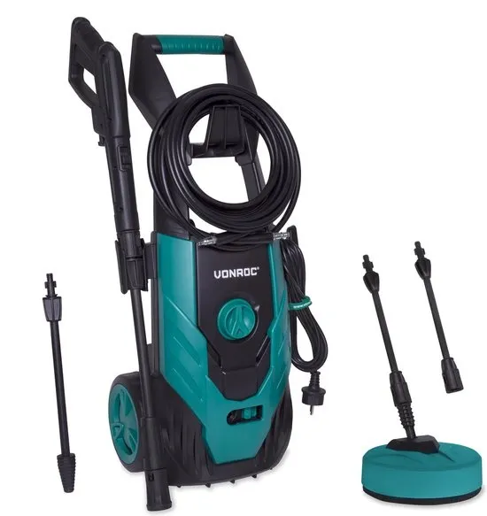 VONROC Hogedrukreiniger V18-2 1800W – 140 bar – 420 l/h – Incl. 8m slang, geïntegreerde reinigingsmiddelen tank, terrasreiniger, spuitstukken en accessoires