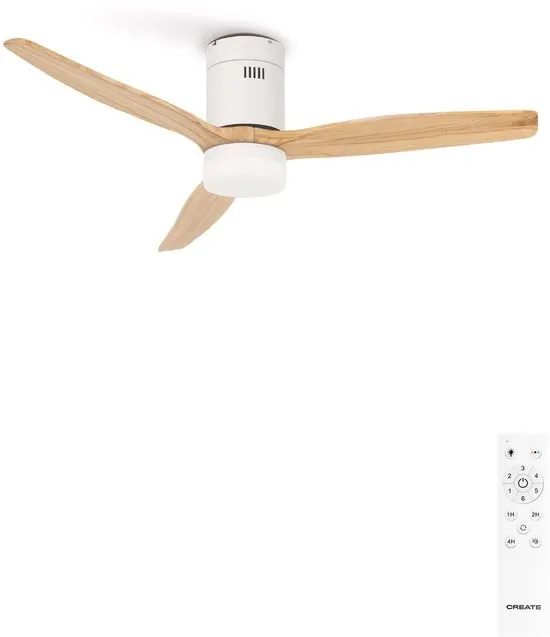 CREATE - Plafondventilator 40W silent Ø132 cm - Met Verlichting drie temperaturen - Met Afstandsbediening - 6 Snelheden - Timer - Zomer/Winter functie - Wit - WIND CALM