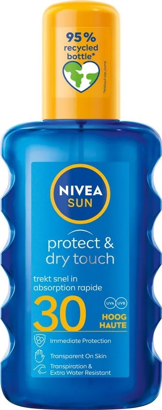 NIVEA SUN Protect & Dry Touch Transparante Zonnebrand Spray - SPF 30 - Sport Zonnespray - Waterproof - Geen witte strepen - 200 ml