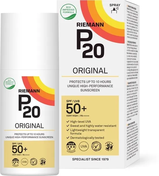 P20 Original SPF 50+ - Hoogwaardige zonnebrand spray - Zonbescherming tot 10 uur - Hoge UVA- en UVB-bescherming - Parfumvrij - Zeer waterbestendig - factor 50+ - 175 ml