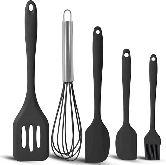 HI NATURE™ Spatel set van 5 stuks - Spatel silicone - Siliconen spatel set - Spatelset - keukengerei set - Keukenspatel | Hittebestendig - Vaatwasserbestendig | Bakspaan - Bakkwast - Garde - Pannenlikker | Anti-aanbak spatelset - keuken gerei (Zwart)