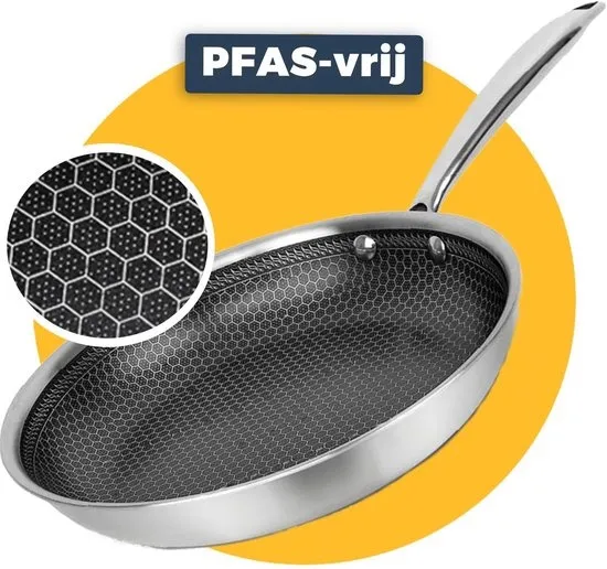 Pasper Koekenpan Ø 28 cm - PFAS & PTFE vrij - Inductie, Elektrisch, Keramisch & Gas - RVS Honingraat Anti-Aanbakpan