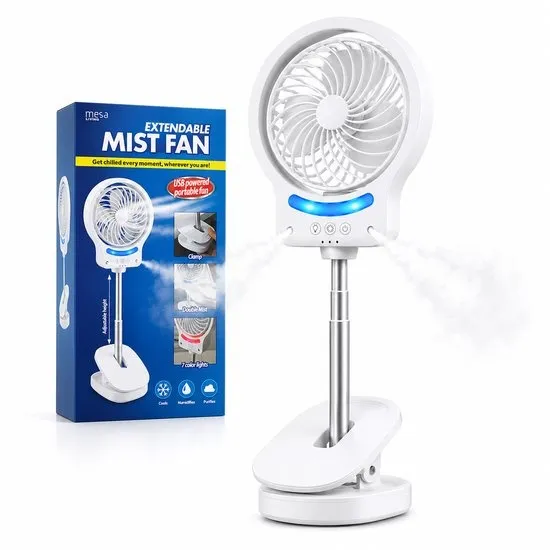 Mesa Living USB Ventilator met Verneveling – Mist Fan – Oplaadbare Klemventilator & Tafelventilator – Draagbare Ventilator voor Bureau, Slaapkamer, Balkon & Camping – 7 Kleuren LED – Uitschuifbaar tot 53 cm