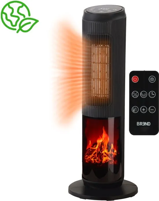 Elektrische Kachel met Sfeerhaard en Thermostaat 18-45 °C – Keramische Ventilatorkachel – Verwarming met Swingfunctie – Timer – Zwart - BREND BR-2222