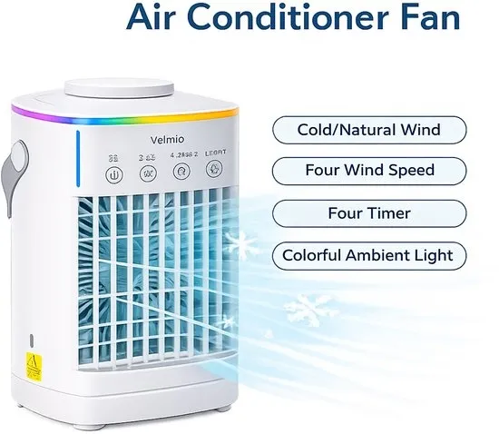 Velmio 4-in-1 Mobiele Airco Zonder Afvoerslang – Met Afstandsbediening – Mini Airco - Ventilator - Airconditioning – 700 ml Watertank - Aircooler Met 3 Standen - Sfeerlicht