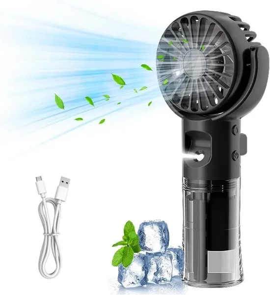 Handventilator - Ventilator Met Waternevel - Draagbare Mini Ventilator - Stille - USB Oplaadbaar - 4 Standen - Mist - Water - Waaier - Luchtbevochtiger - Mini Airco - Draadloze Tafelventilator - Zwart