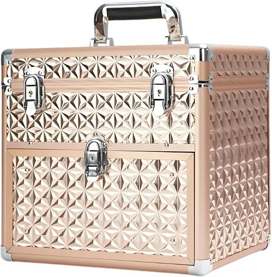 Guardian Beauty Nagel Beautycase - Aluminium - Cosmetica Organizer met Slot - 4 Laags Uitschuifbare Lades - Goud - Kapper, Make-up, en Tattoo Artiest