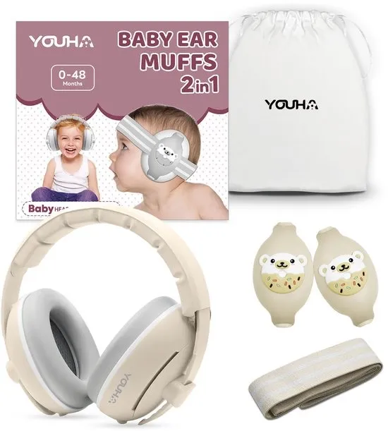 Youha Gehoorbescherming voor Baby's en Peuters - 2-in-1 Gehoorbeschermingsset - Geschikt van 0 tot 4 Jaar - Anti-Slip en Klitterband - Beige