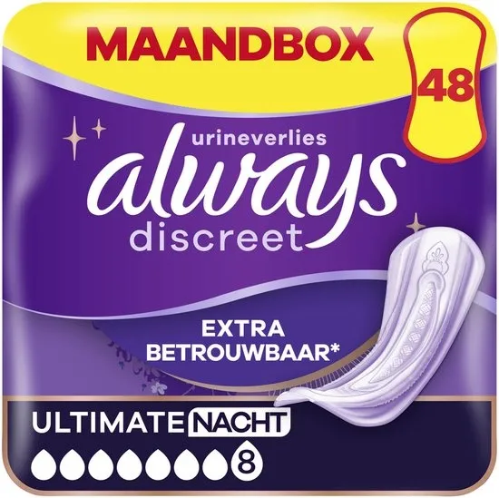 Always Discreet Verband Voor Urineverlies Dames Ultimate Nacht - 48 Verbanden - Maandbox