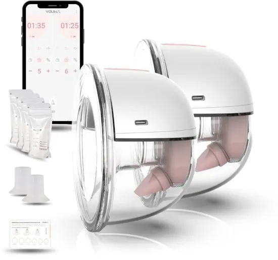 Youha Elektrische Dubbele Draadloze Borstkolf Gen 2 - Handsfree & Draagbaar - BPA-vrij - Met App - 22mm & 24mm - Inclusief bewaarzakjes & Tepelmeter