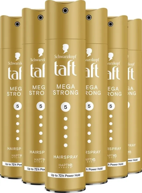 Taft Hairspray Mega Strong – Styling – Tot 72u Power Hold – Versterkt het Haar – Vegan Formule – 6x250 ml