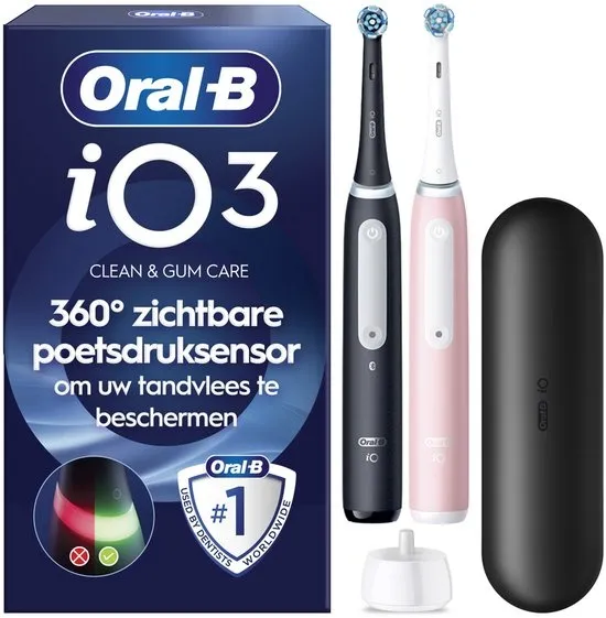 Oral-B iO 3 Elektrische Tandenborstel - Duo Zwart en Roze - inclusief Reisetui