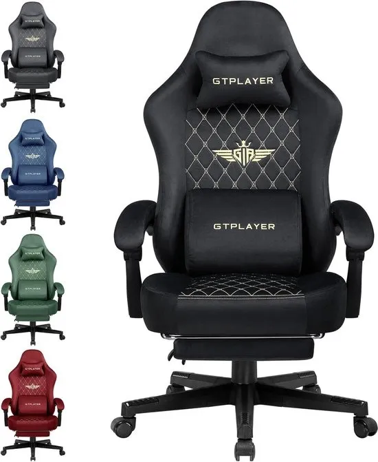 GTPLAYER - Gaming Stoel Stof - 150 kg met Verenzitkussen en Voetensteun - Zwart