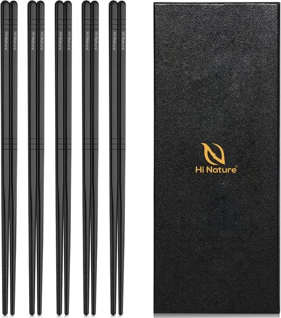 HI NATURE™ Luxe Chopsticks Set - Koreaanse Eetstokjes - Herbruikbaar en Vaatwasserbestendig - 5 Paar - Antislip - Metaal / RVS - Zwart