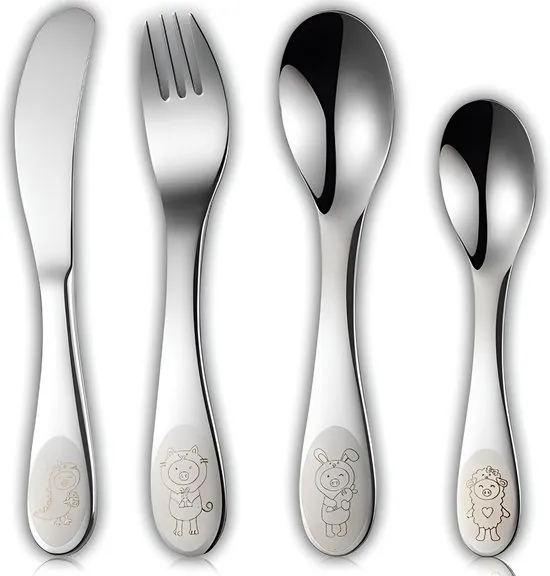HI NATURE™ Kinderbestek set - Kinder Bestek 4 Delig - Kinderbestekset Zilver - baby bestek - Bestek kinderen - Bestek peuter - Bestekset RVS - Zilverwit Edelstaal 18/10