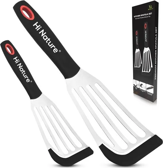 HI NATURE™ Spatels - Premium Roestvrijstalen Spatel set met Siliconen tip - Grillspatel - Visspatel | Hittebestendig - Vaatwasserbestendig Spatelset | Anti-aanbak BBQ Spatels - Keukenspatel - Bakspaan | BPA vrij Keukengerei set (RVS)